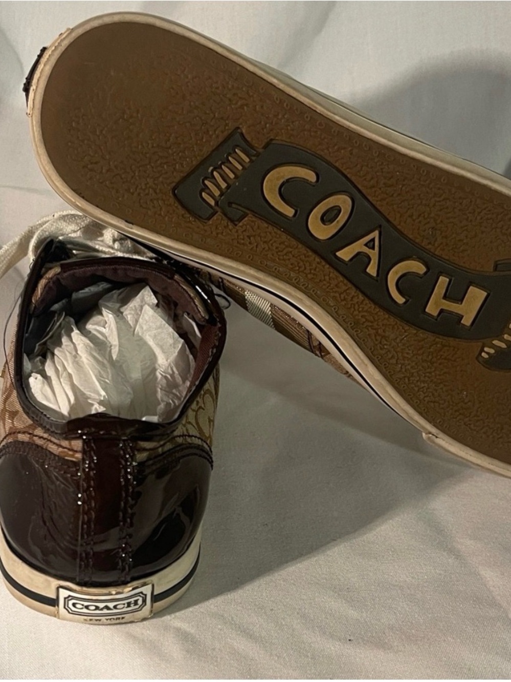 Coach women Tan Monogram Low-Top Sneakers with Brown Patent Trim
